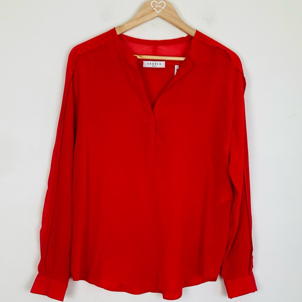 Sandro Paris red silk, long sleeve blouse w sheer chiffon at yoke and sleeves. M